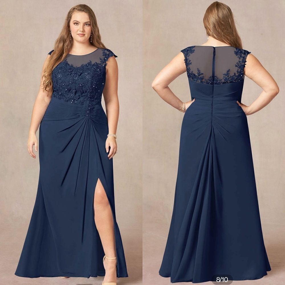 Azazie Navy Blue Illusion Lace Bodice Prom Dress